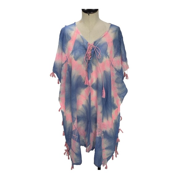 Beulah Other - Beulah Style pink & blue tie dye tassel beach swim cover up